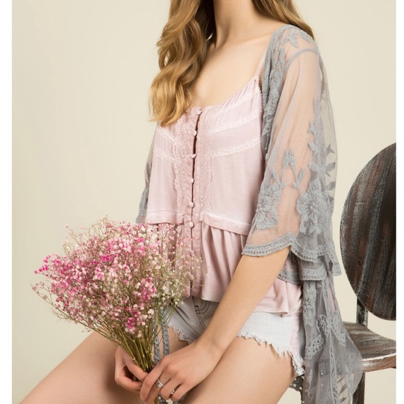 Sheer Lace Grey front tie Kimono - Picture 2 of 8